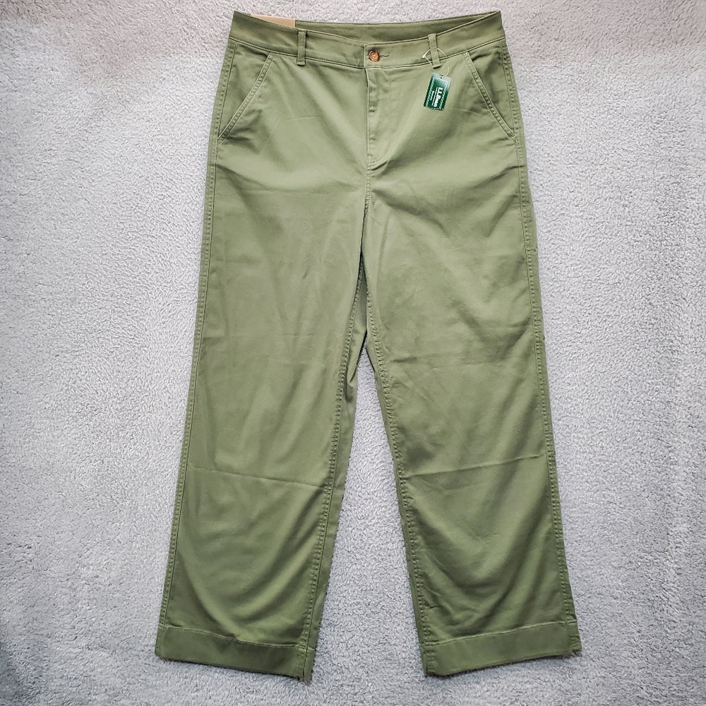 LL Bean Comfort Stretch Pants Mid Rise Wide Leg Chino Womens 12 Olive Green NWT